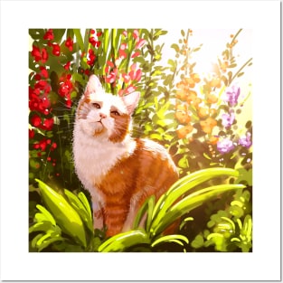 Patterned white orange Cat Chilling in the garden surrounded by flowers Posters and Art